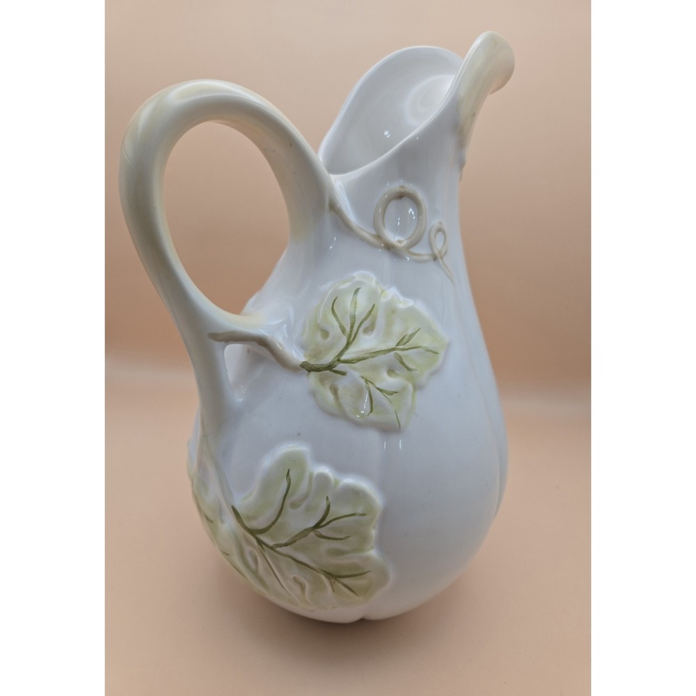 Ceramic Pitcher Gourd White And Light Green Embossed - Picture 1 of 10